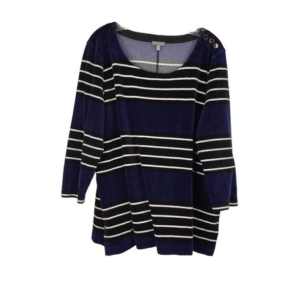 T by Talbots Top Women's Plus 2XP Navy Blue White Velour LS Pullover Sweatshirt - Picture 2 of 8